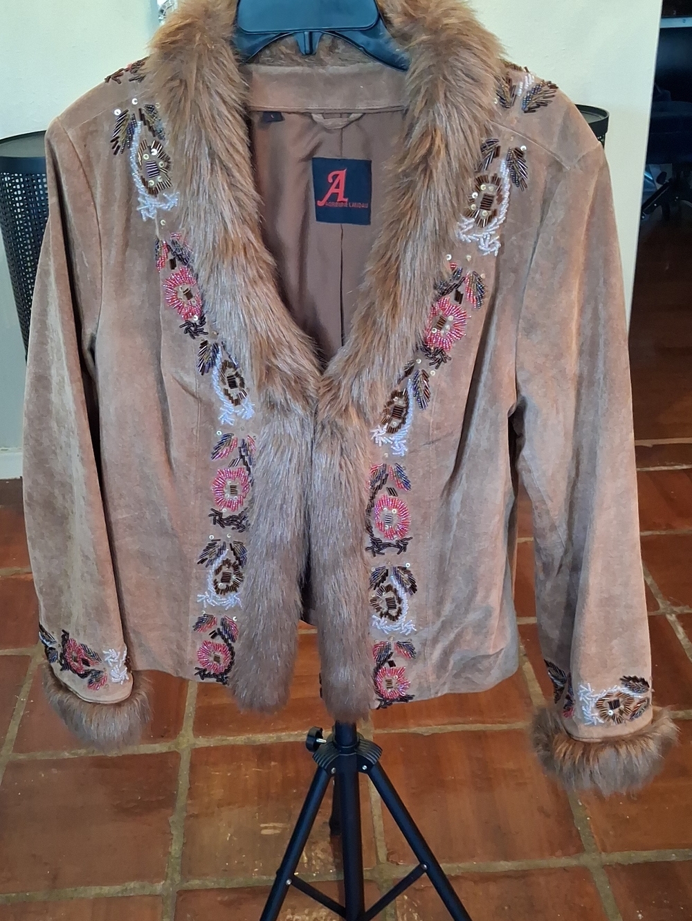 Women's Brown Suede Faux Fur Trim Embroidered Jacket Adrienne Landau
